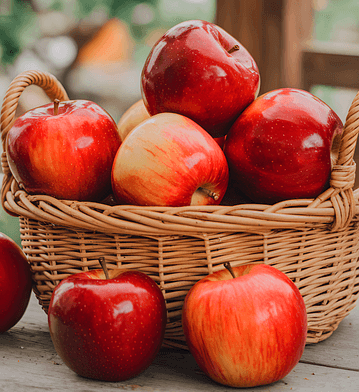 갈색 바구니에 빨간 사과들이 가득하고 바닥에도 사과들이 있다. 매우 크고 탐스러운 사과다.