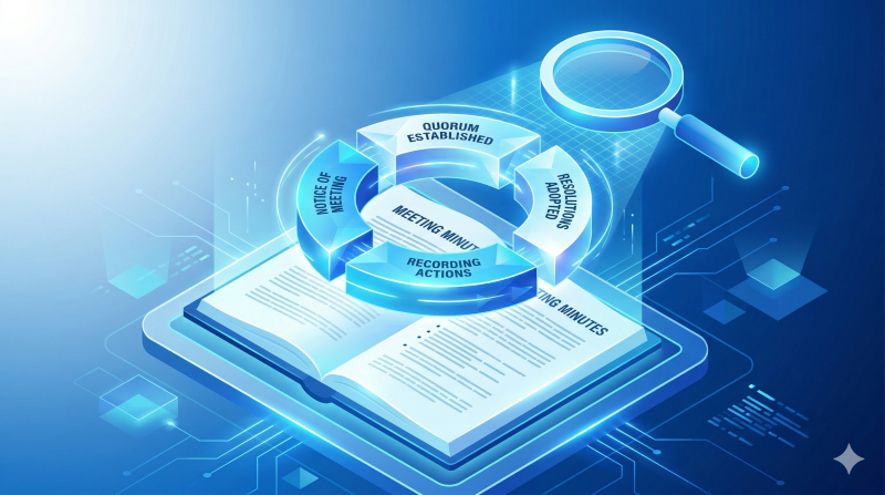 사회적협동조합 창립총회 회의록이라는 법적 심사대 위에서 4가지 필수 절차가 완벽한 조각으로 결합되는 모습을 형상화한 3D 인포그래픽