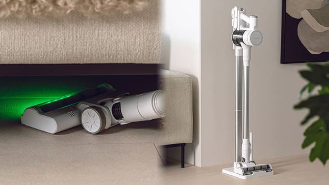 홈리아 더스트제로 BLDC 무선청소기 사용하는 사진과 거치대에 보관하는 사진