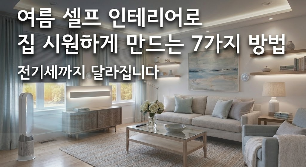 여름 셀프 인테리어로 집 시원하게 만드는 7가지 방법 전기세까지 달라집니다'라는 흰색 제목 글씨가 상단 중앙에 배치된 시원한 분위기의 거실 인테리어 블로그 대표 썸네일 이미지입니다.