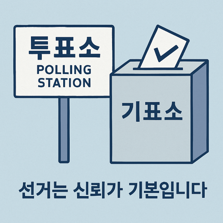 투표소 표지판과 기표소가 함께 배치된 한국 선거를 상징하는 일러스트 이미지