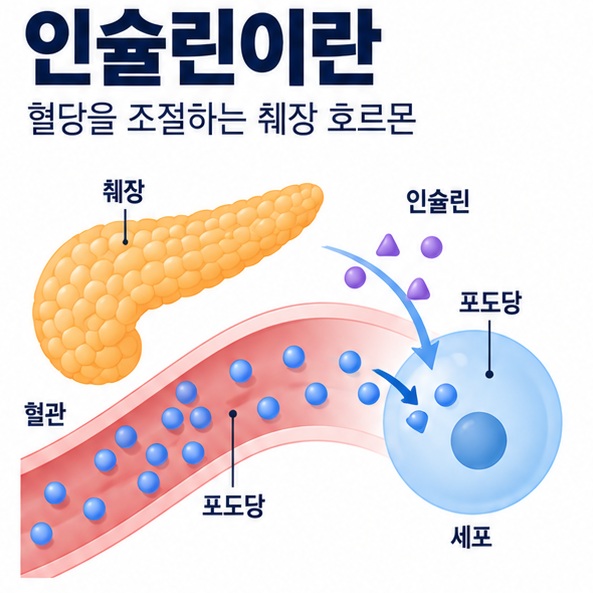인슐린이란 무엇인지 췌장과 혈액 속 포도당 세포의 관계로 설명한 건강 교육 이미지