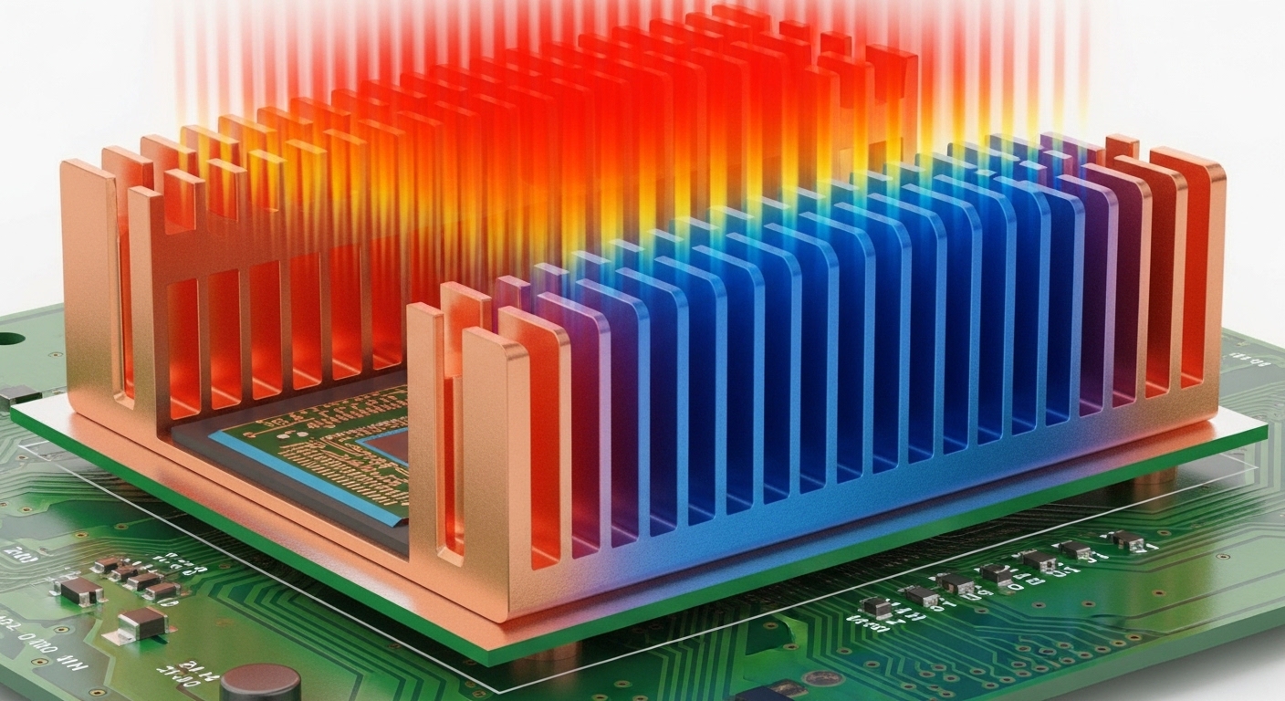 Cross-section view of a thick copper block (heatsink) sitting on a semiconductor chip, with red heat turning blue as it dissipates.