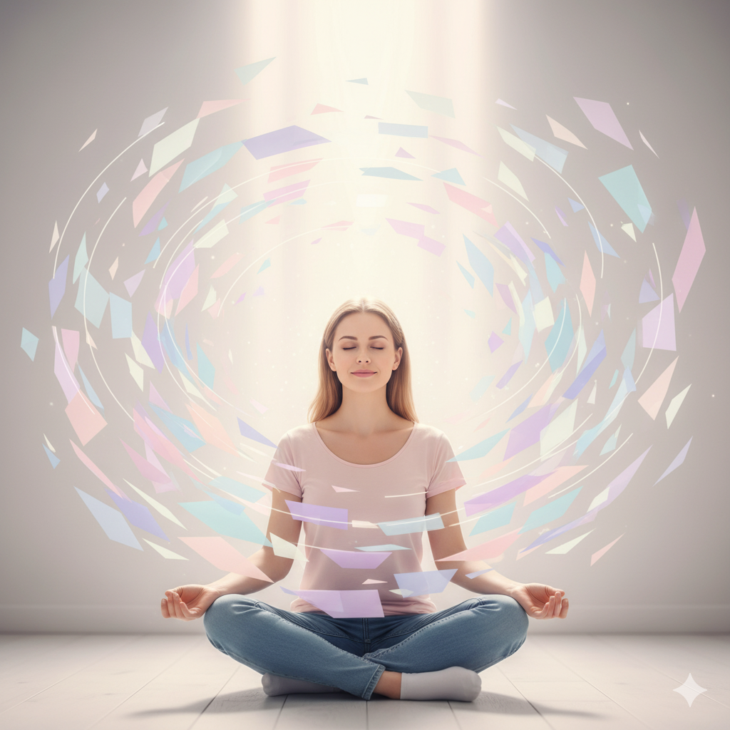 복잡한 생각의 파편들 속에서 눈을 감고 평온하게 미소 짓는 지적이고 아름다운 20대 여성 모델.