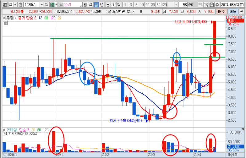 우양 주가 월봉 차트 분석