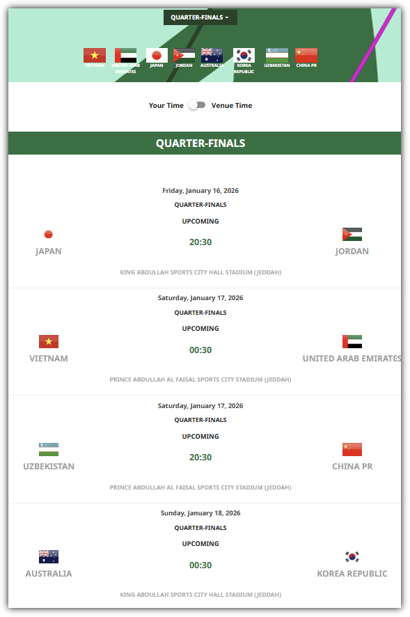 U-23 아시안컵 8강 경기 대진표 일정, 시간