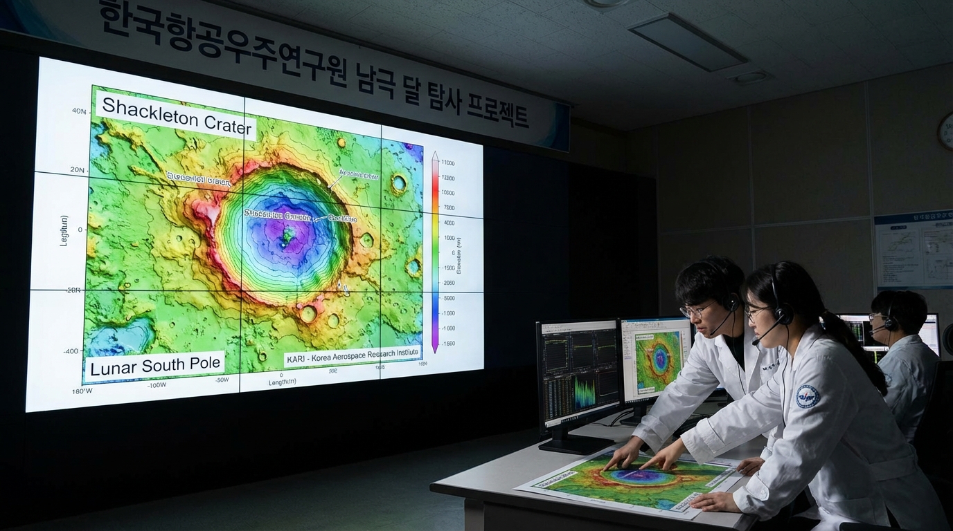 한국 우주 연구소에서 분석 중인 달 남극 섀클턴 크레이터의 정밀 지형 지도