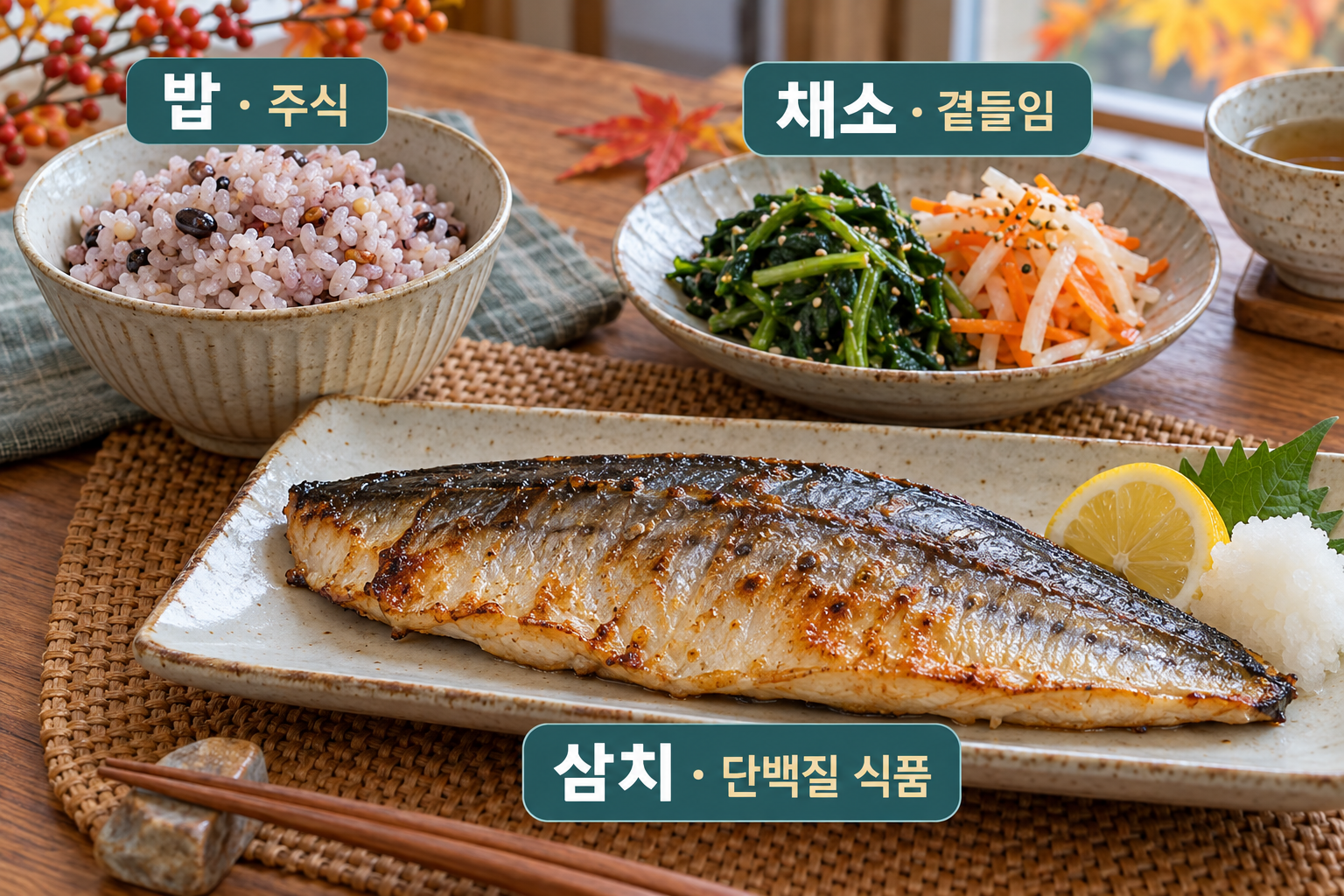 삼치구이&middot;밥&middot;푸른 채소와 무 반찬을 함께 차린 식탁.