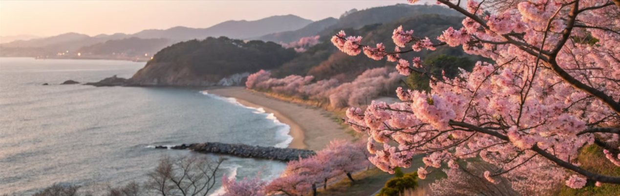 해안선을 따라 화려하게 핀 벚꽃