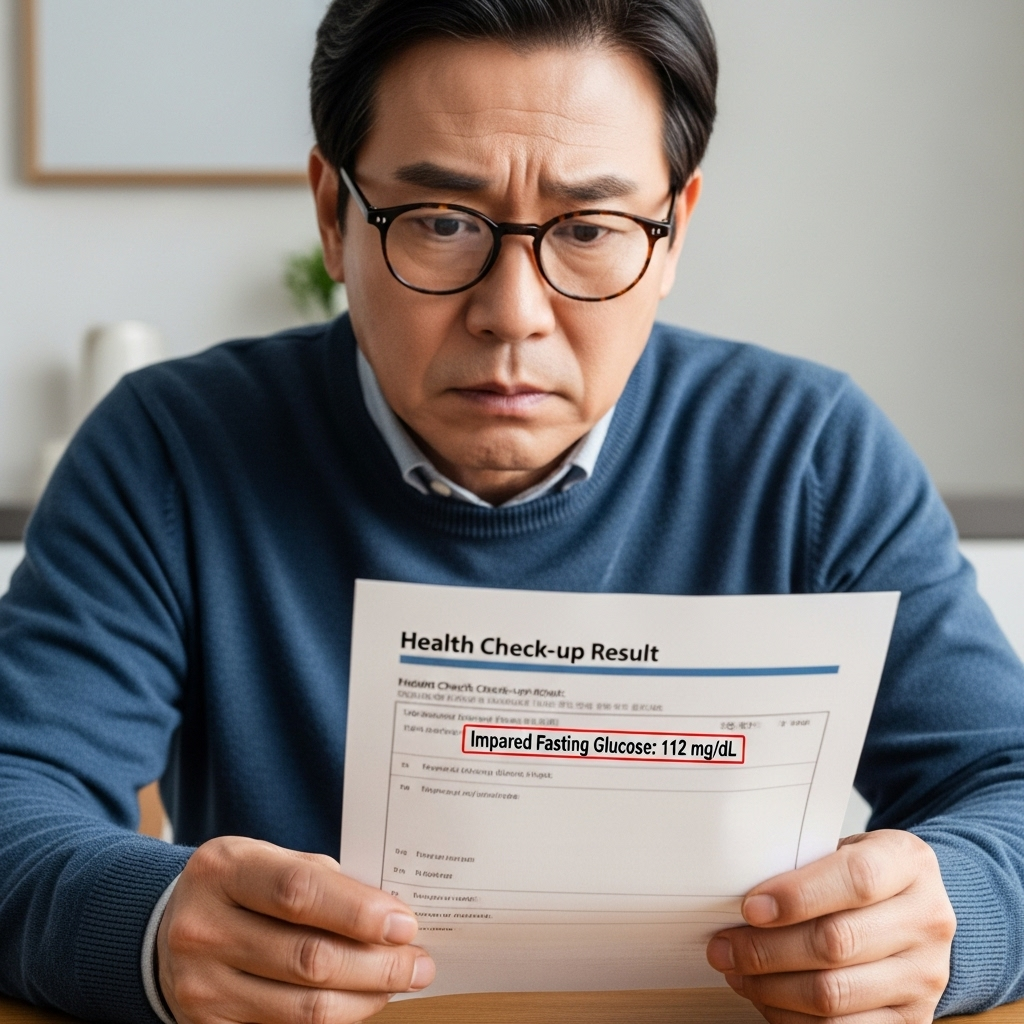 [이미지 1: 한 한국인 남성이 건강검진 결과지를 손에 들고 심각하게 내용을 읽어보는 클로즈업 이미지]