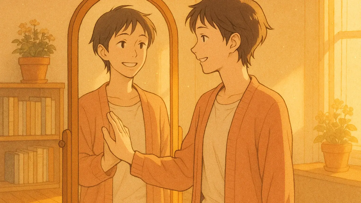 거울 앞에서 자신을 바라보며 미소 짓고 있는 사람의 따뜻한 모습, 자기 사랑과 수용을 상징하는 이미지