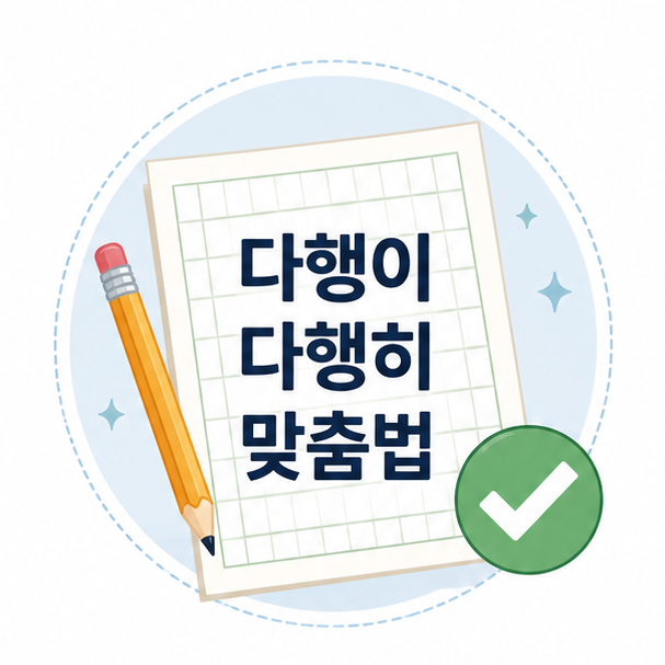 연필과 원고지, 맞춤법 확인 표시로 표현한 다행이 다행히 맞춤법