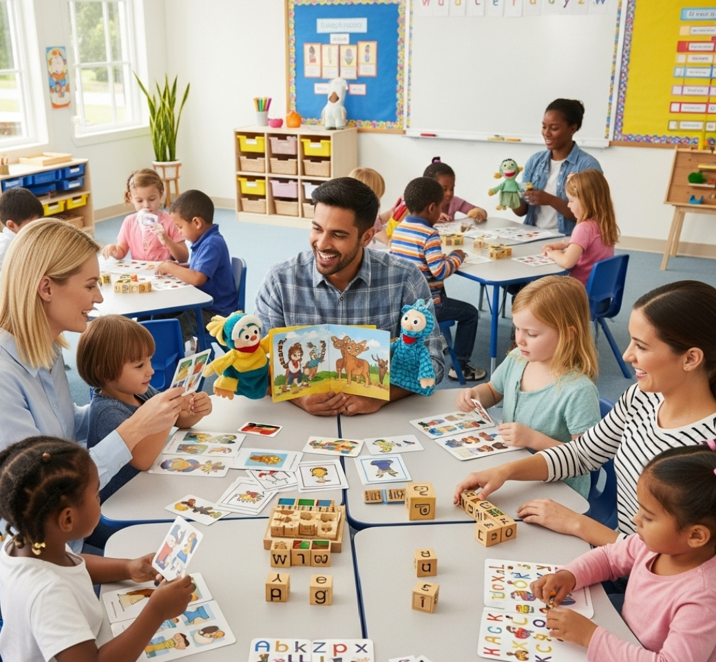 유치원에서 모둠별로 선생님과 학생들이 서로 게임과 이야기를 나누는 사진