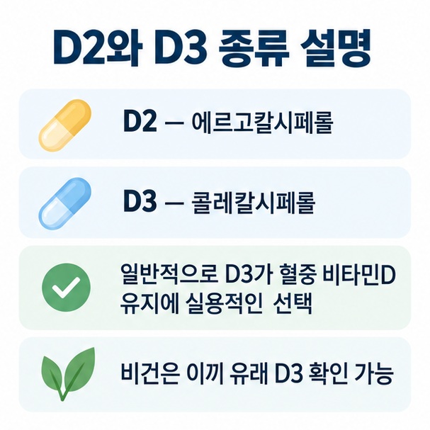 비타민 D3 D2 이끼 유래 D3 D3 복합제의 특징과 선택 상황을 비교한 표