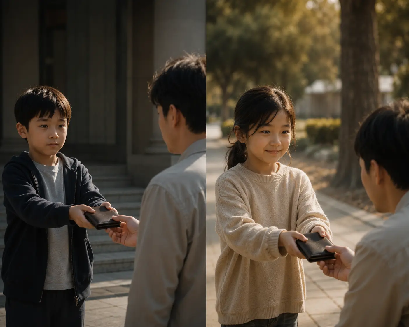 Two children returning a lost wallet for different moral reasons.