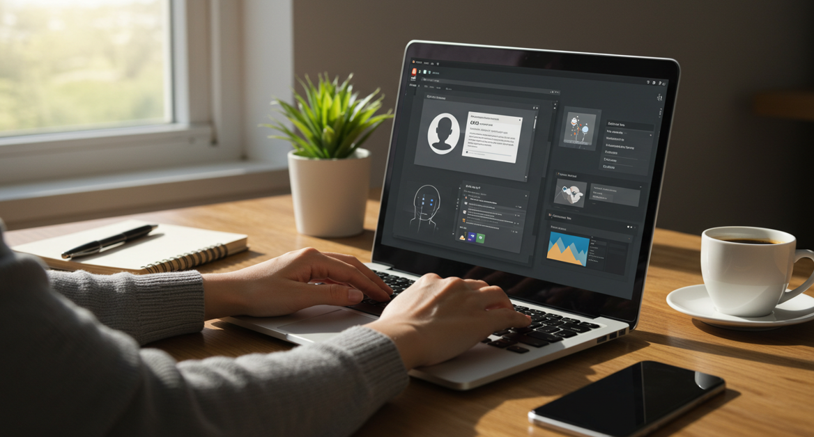 한 사람이 책상에 노트북을 켜고 작업을 하고 있다
