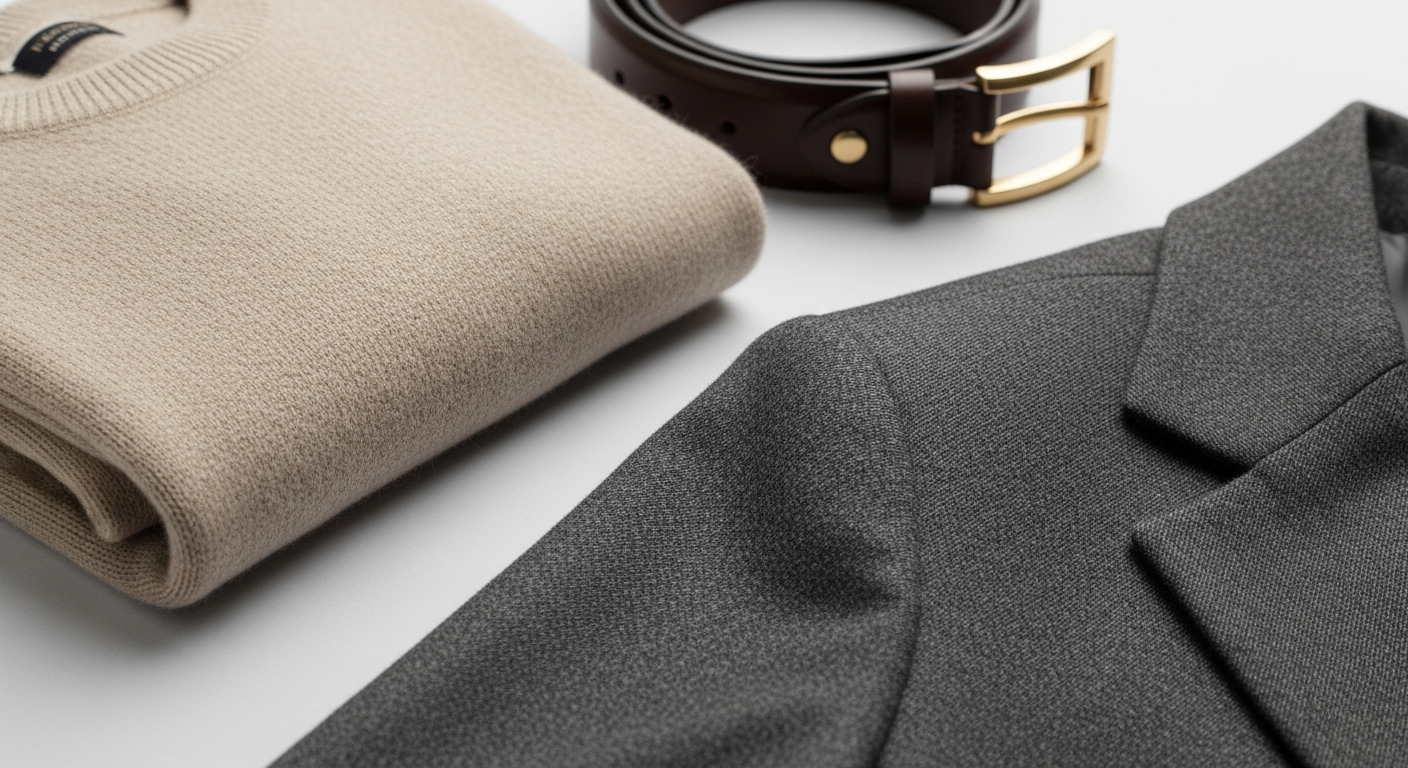 캐시미어 스웨터, 가죽 벨트, 울 블레이저 등 고급스러운 올드머니 룩 아이템 클로즈업.