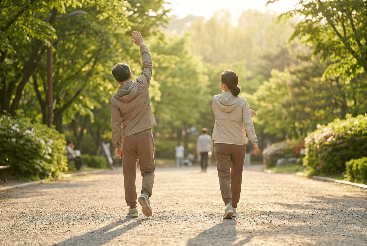 초록 나무가 우거진 산책로에서 중장년 부부가 가벼운 스트레칭을 하며 여유롭게 걸어가는 모습으로, 꾸준한 걷기 운동과 관절·연골 건강 관리를 함께 실천하는 장면을 담은 사진