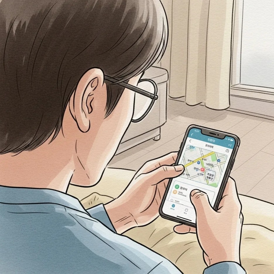 스마트폰으로 편의점 정보를 확인하는 모습