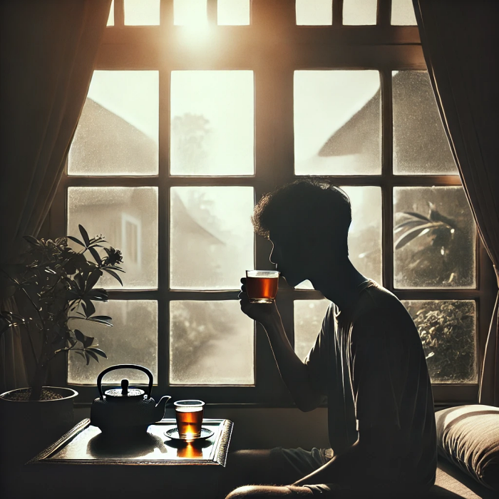 차를 마시는 순간의 평온함이 담긴 실루엣 이미지