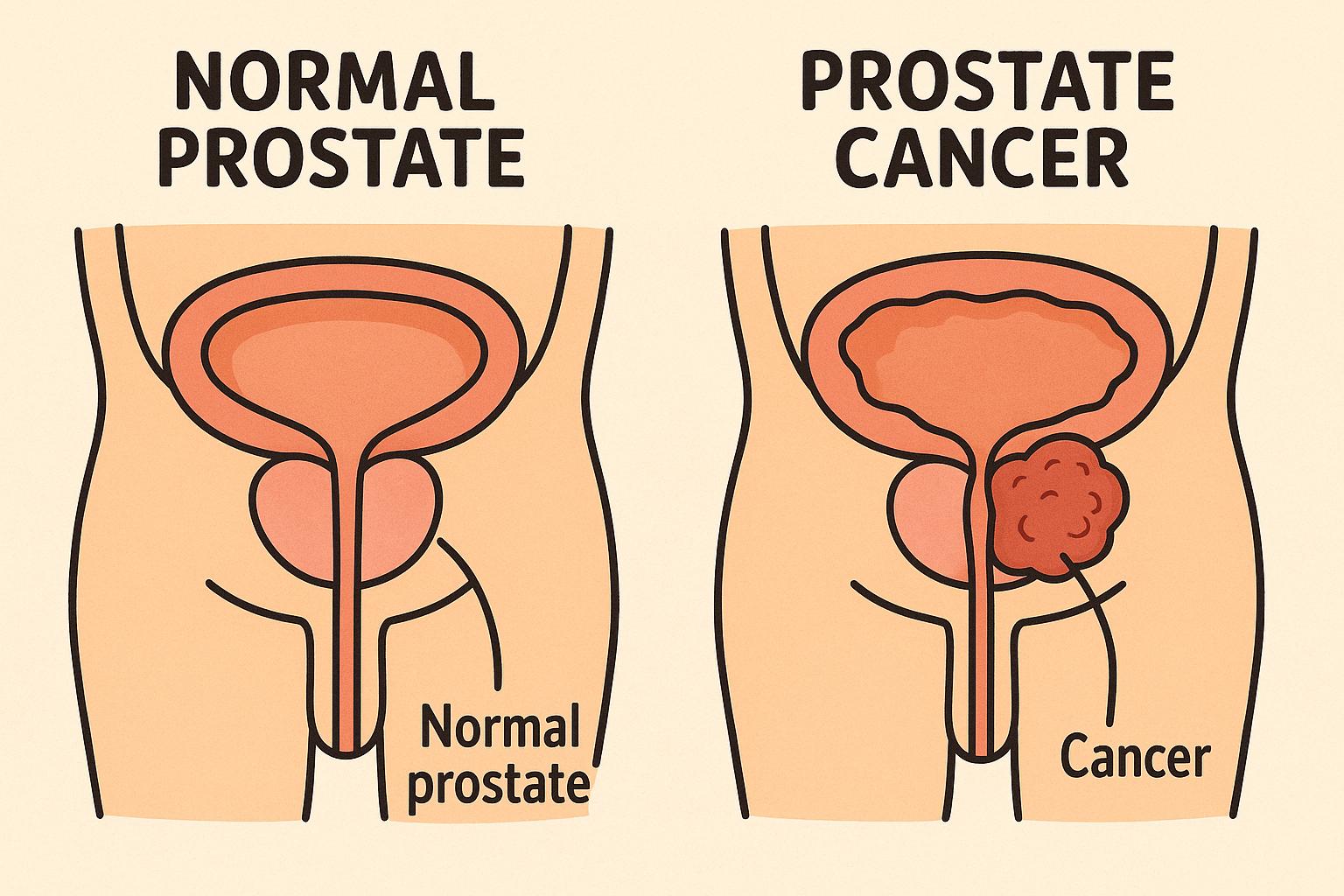 정상전립선과 암이 발생한 전립선의 상태를 표현한 만화체 그림