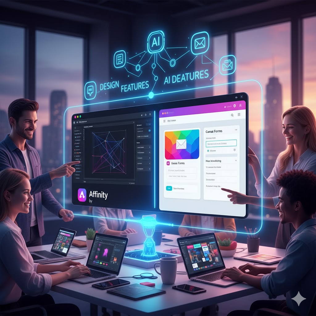 네트워크로 연결된 디자인 요소와 'AI Features'가 빛나는 가상 스크린 주위로 네 명의 젊은 전문가들이 노트북을 사용하며 둘러앉아 있는 모습이에요. 스크린에는 어피니티(Affinity) 인터페이스와 캔바 폼(Canva Forms) 화면이 보이고, 배경으로는 현대적인 도시의 스카이라인이 펼쳐져 있어요.