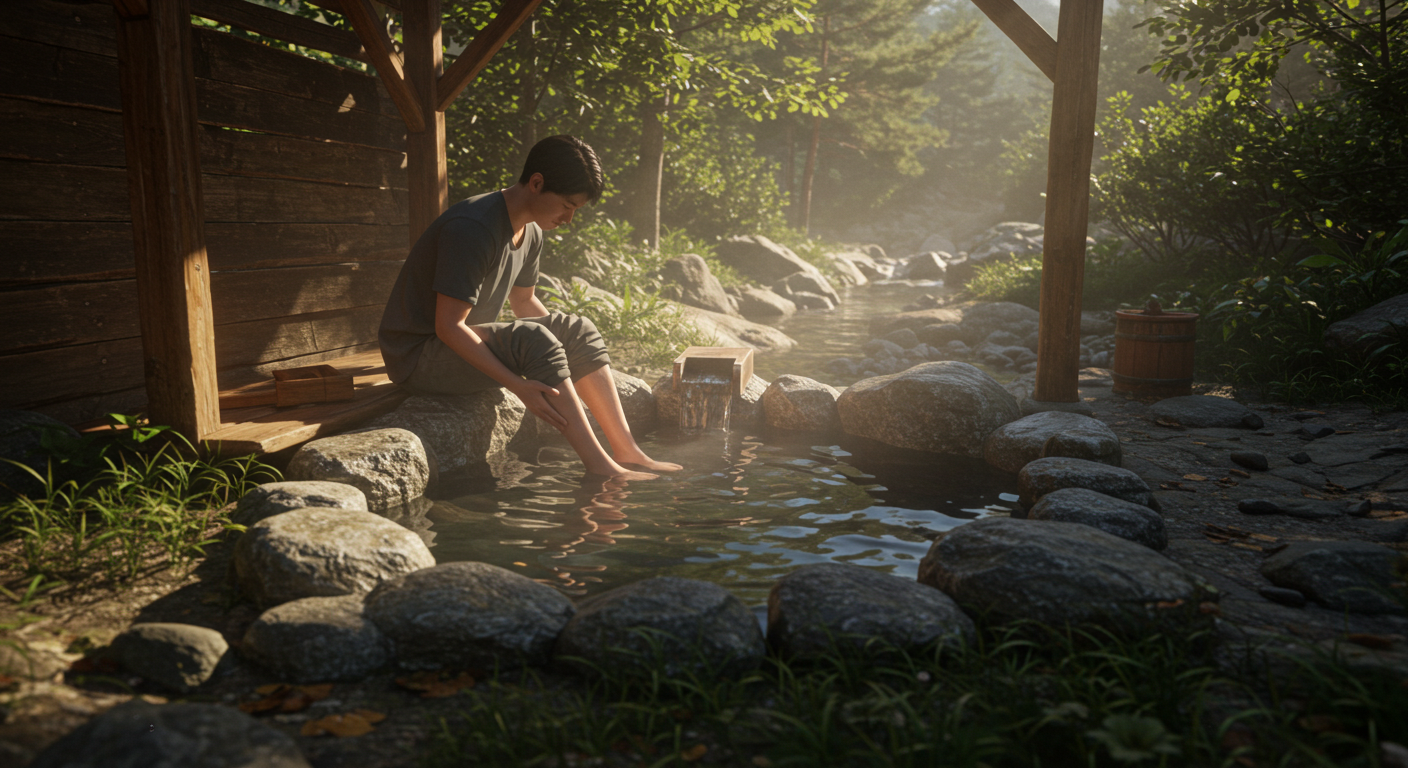 정선 자연 속 족욕장에서 한국인이 발을 담그고 휴식하는 모습