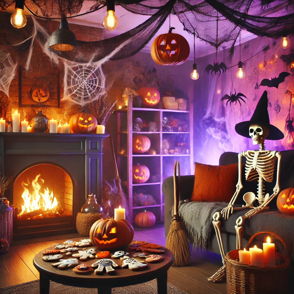 할로윈 장식으로 꾸민 거실