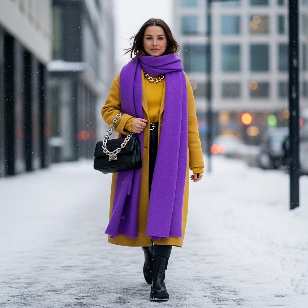 2025년 겨울, 퍼플 캐시미어 머플러, 볼드 체인 주얼리, 체인 디테일 백, 청키 부츠로 시크하게 스타일링한 여성의 스트릿 패션.