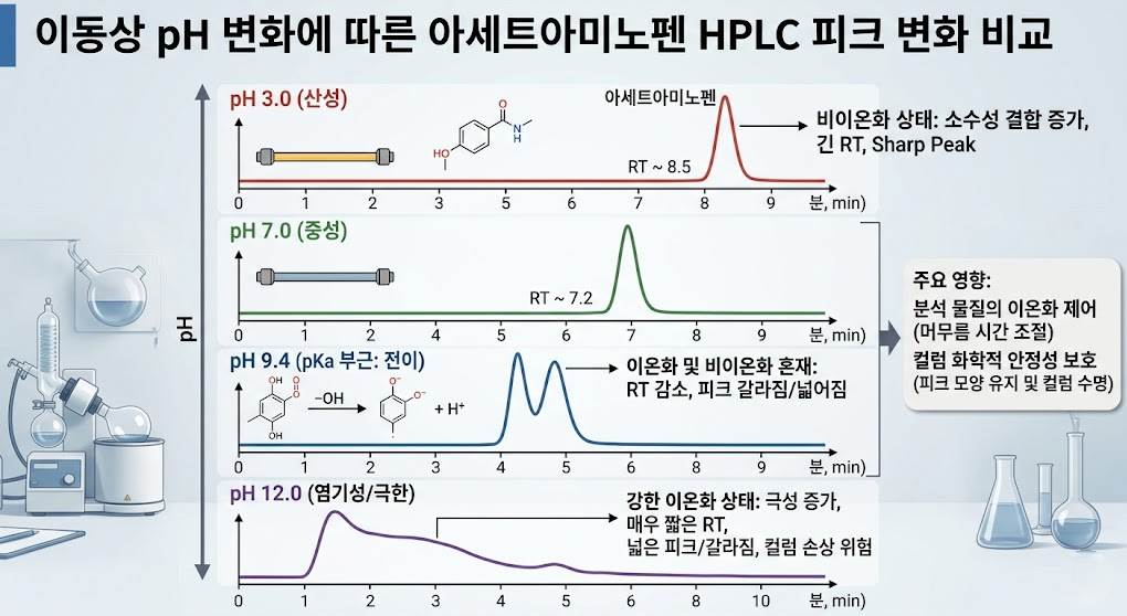 pH에 따른 크로마토그램 피크 변화