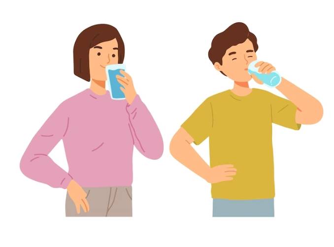 물을 섭취하고 있는 분홍색 옷을 입은 여성과 노란색 옷을 입은 남성