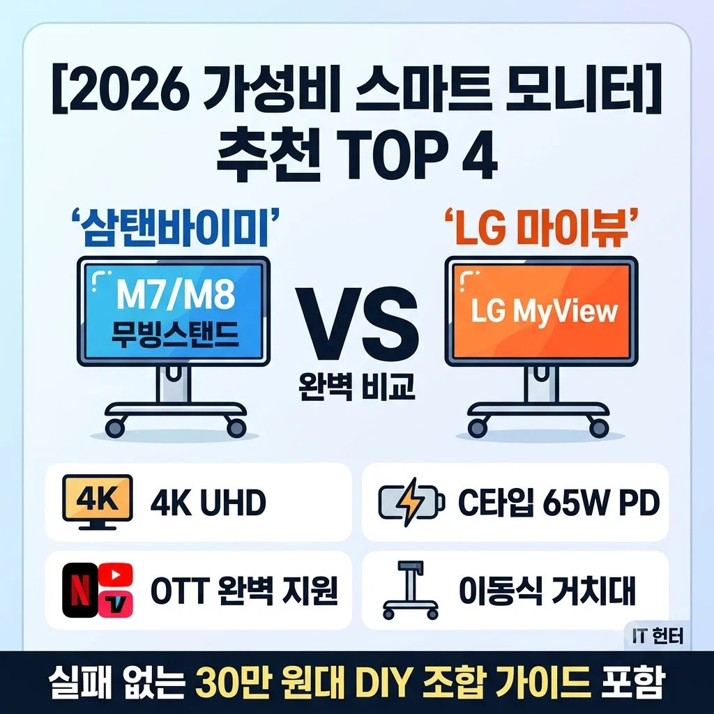 2026 가성비 스마트 모니터 추천 TOP 4 삼탠바이미 삼성 M7 LG 마이뷰 한성 OTT 무빙스탠드 비교 구매 가이드