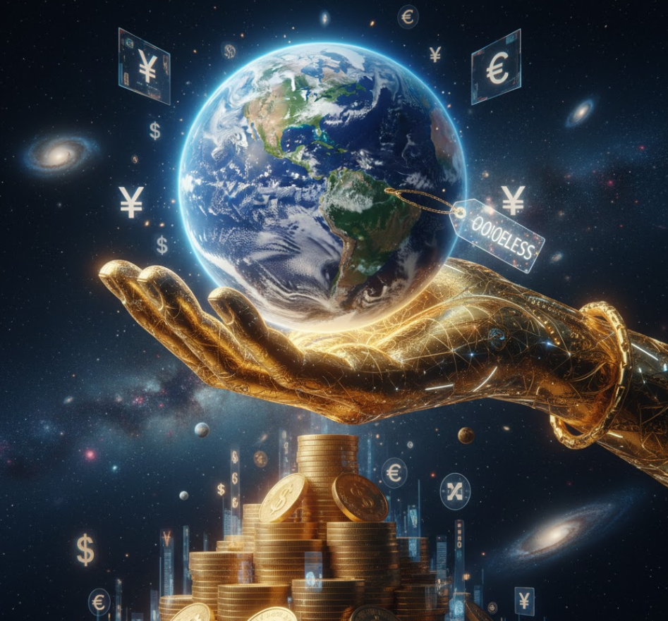 지구의 자원과 가치를 돈으로 환산하는 개념을 시각화한 일러스트