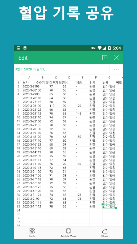 혈압 추적기 어플, 혈압을 기록하고 관리하기, 혈압 추세 보기