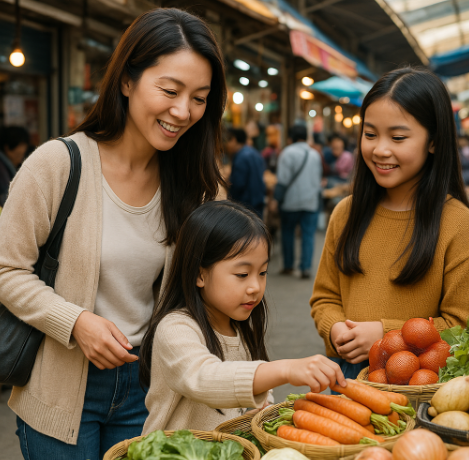 엄마와 두 딸이 전통시장에서 당근을 보고있는 모습