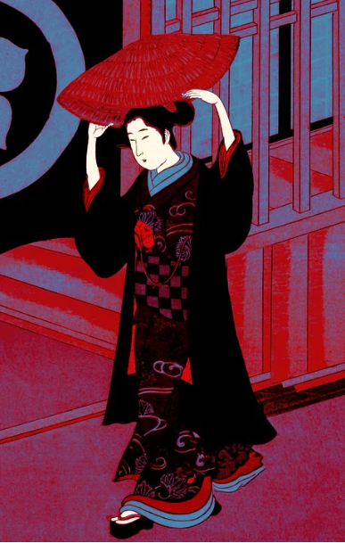 네오 우키요에 스타일 현대 일러스트 &mdash; 붉은 배경과 삿갓을 든 기모노 여성, 전통과 현대가 융합된 일본화 스타일