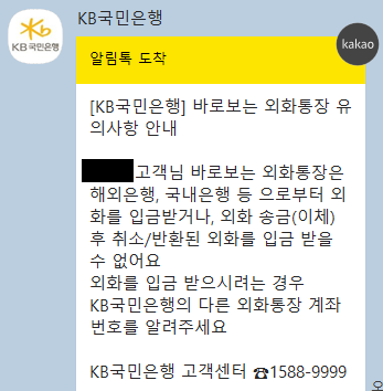 카카오톡 알림(국민은행) 외화 입금 받을 수 없음