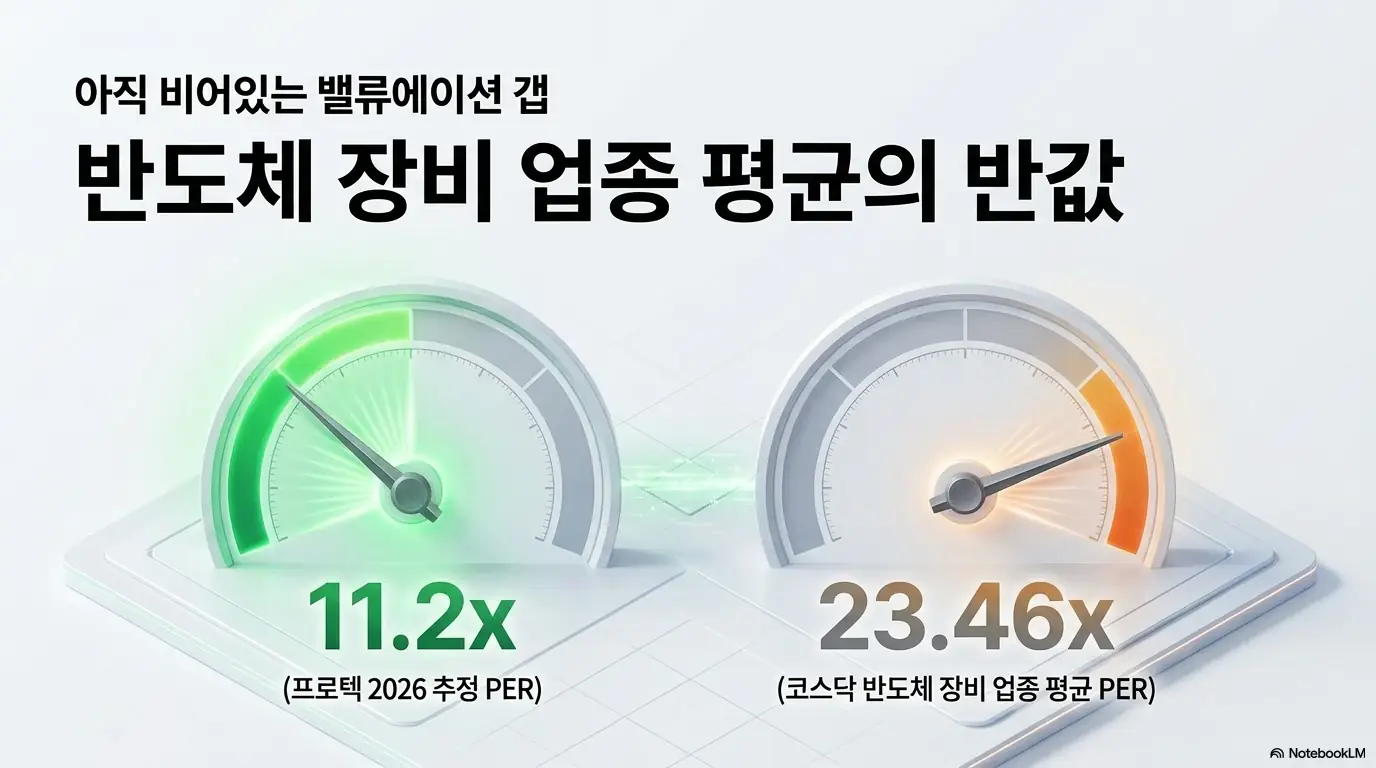 프로텍 주가 전망: 프로텍의 밸류에이션을 계기판 두 개로 비교한 그림. 프로텍의 2026년 추정 주가수익비율이 약 11.2배로, 코스닥 반도체 장비 업종 평균 23.46배의 절반 수준임을 보여줌. 아직 채워지지 않은 밸류에이션 격차와 저평가 논쟁을 시각적으로 전달함