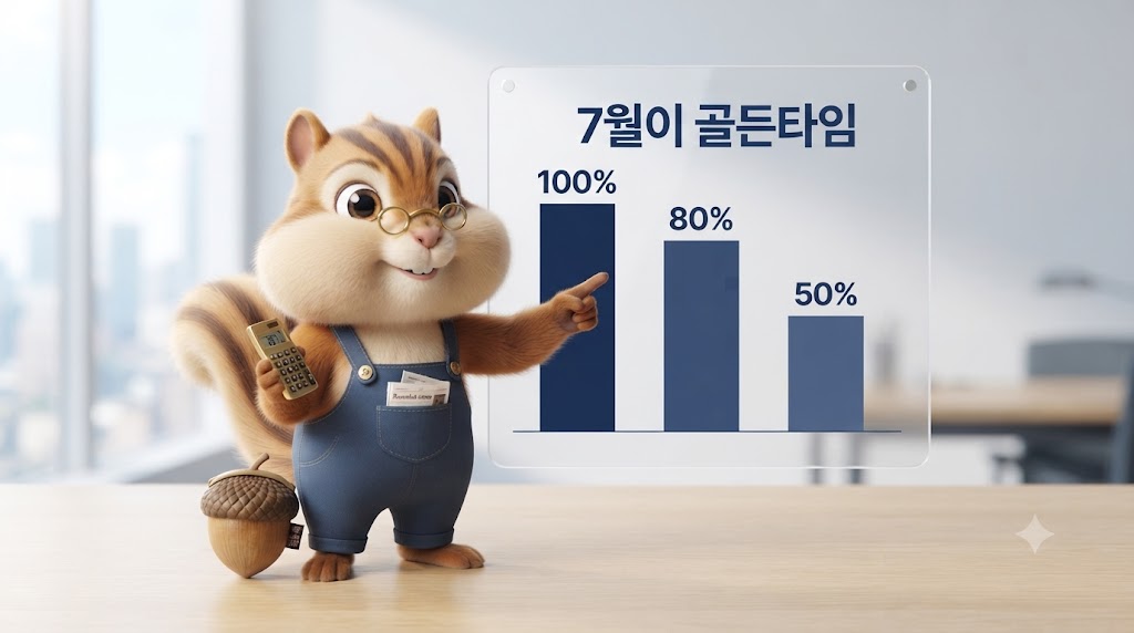100%에서 80%, 50%로 낮아지는 계단형 막대그래프 앞에서 두 번째 막대를 가리키는 다람쥐 캐릭터, 막대에 7월이 골든타임이라는 문구가 쓰여 있는 일러스트