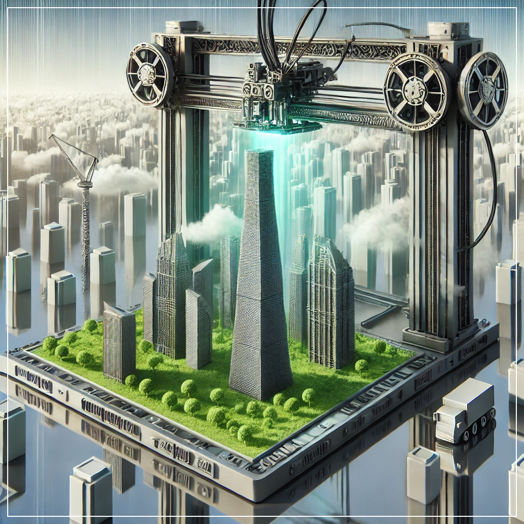 대형 3D 프린터가 친환경 소재를 활용해 미래형 초고층 빌딩을 건설하는 모습