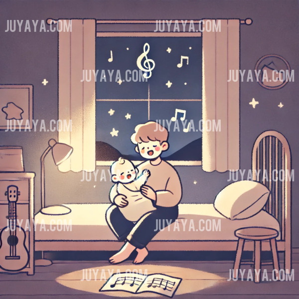 밤에 부드러운 조명 아래 부모가 아이를 안고 자장가를 부르는 모습을 담은 웹툰 스타일 일러스트. 평화롭고 포근한 분위기를 연출.