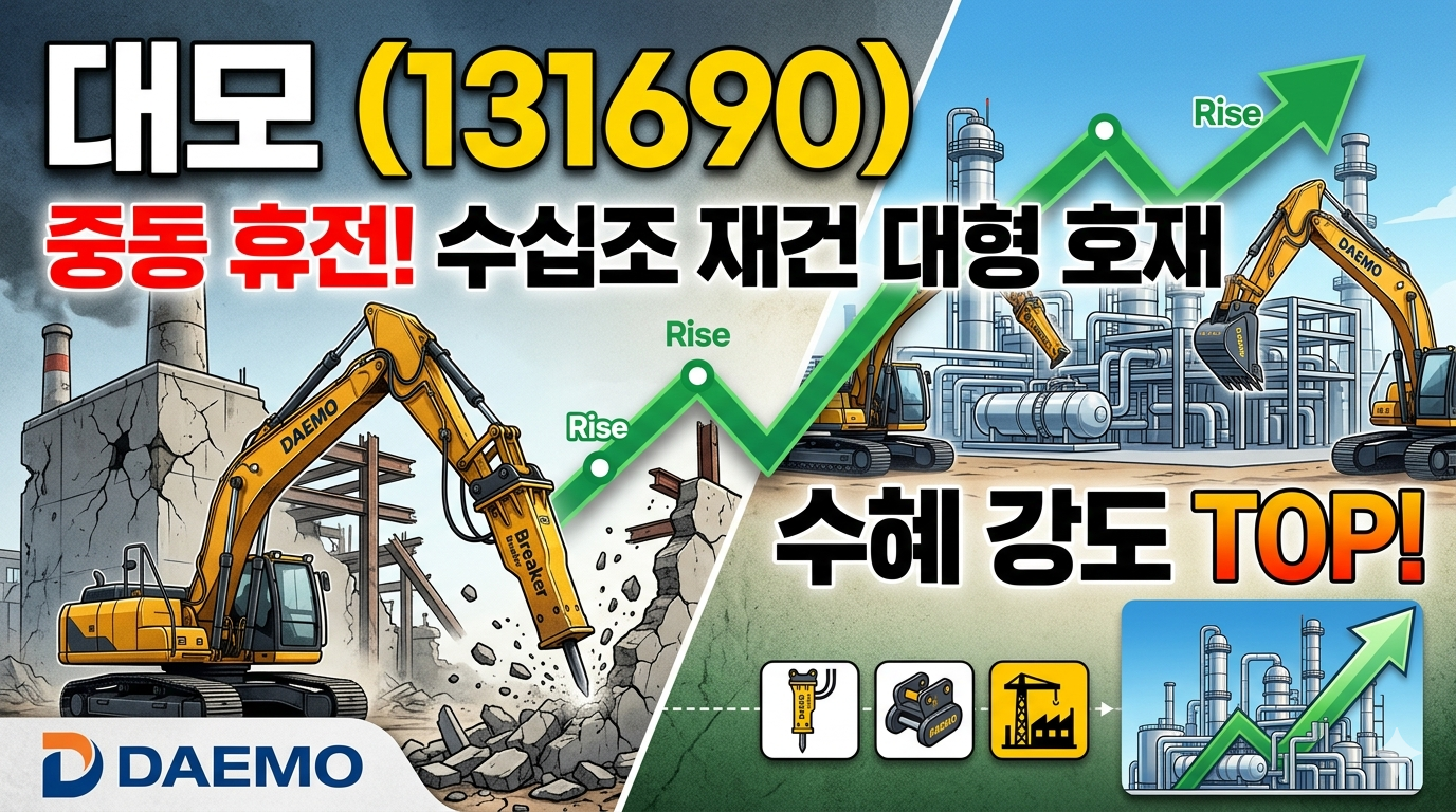 대모(DAEMO) 로고가 새겨진 강력한 유압 브레이커(Breaker)가 굴삭기에 장착되어 중동 재건 현장의 콘크리트와 바위를 파쇄하고 있는 역동적인 클로즈업 이미지. 먼지와 파편이 튀는 모습.