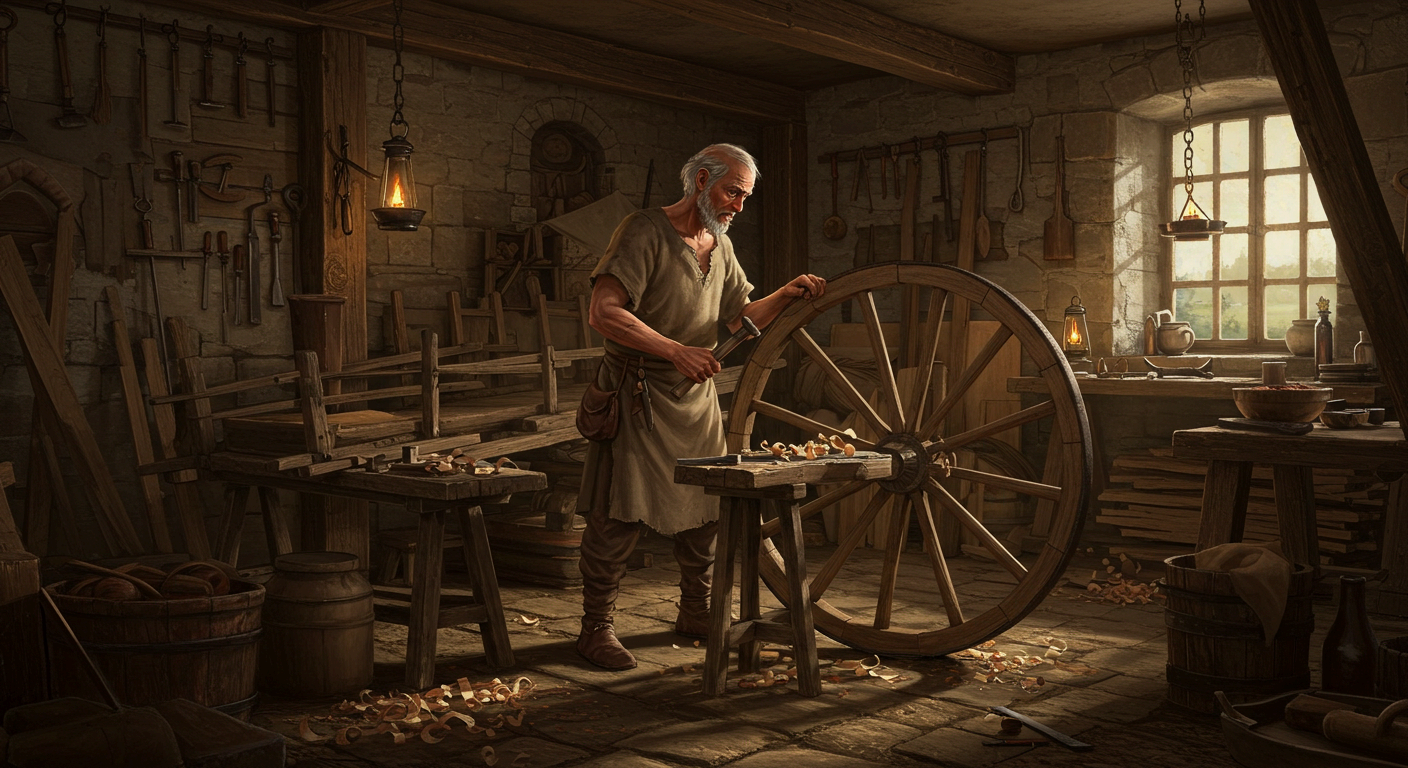 중세 유럽 교통수단인 수레바퀴를 만들고 있는 수레바퀴 제작자(Wheelwright)의 모습