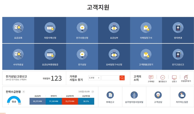 한국전력공사 홈페이지 서비스안내
