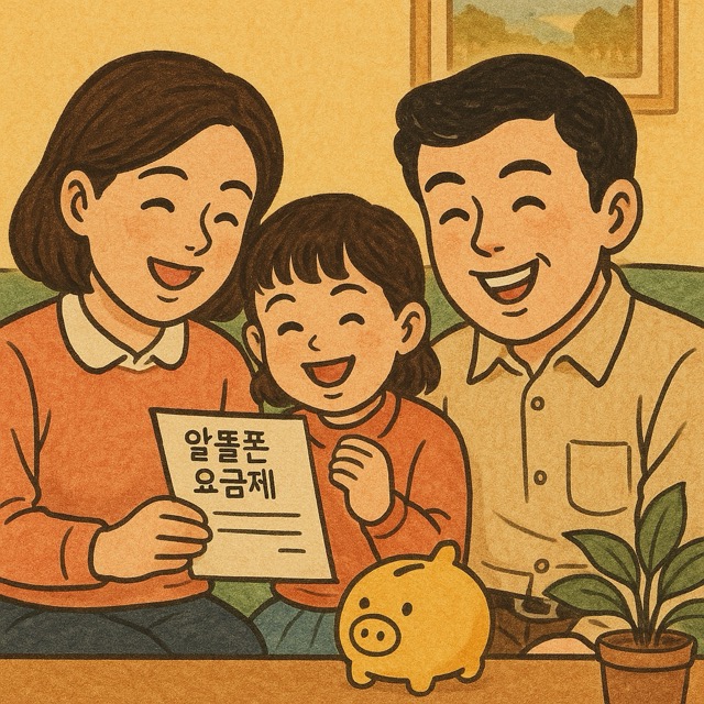 가족이 함께 알뜰폰 요금제를 살펴보며 웃는 장면