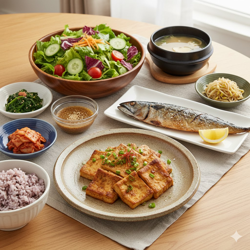 잘 차려진 두부 조림, 구운 생선, 신선한 샐러드가 포함된 한식 상차림 사진