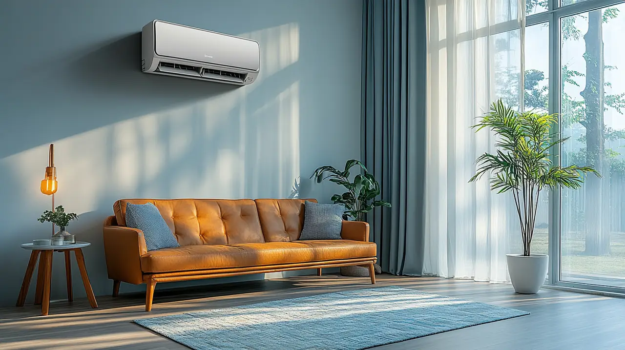 현대적인 디자인의 벽걸이 에어컨이 있는 거실, 부드러운 햇빛이 스며들어 시원하고 편안한 분위기를 연출합니다.