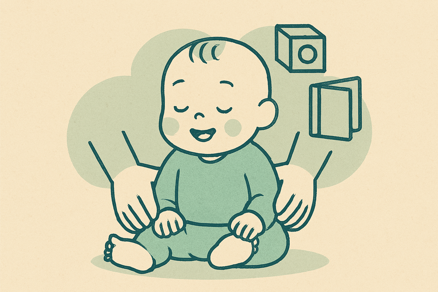 아기가 부모의 도움을 받아 앉기 연습을 하는 모습