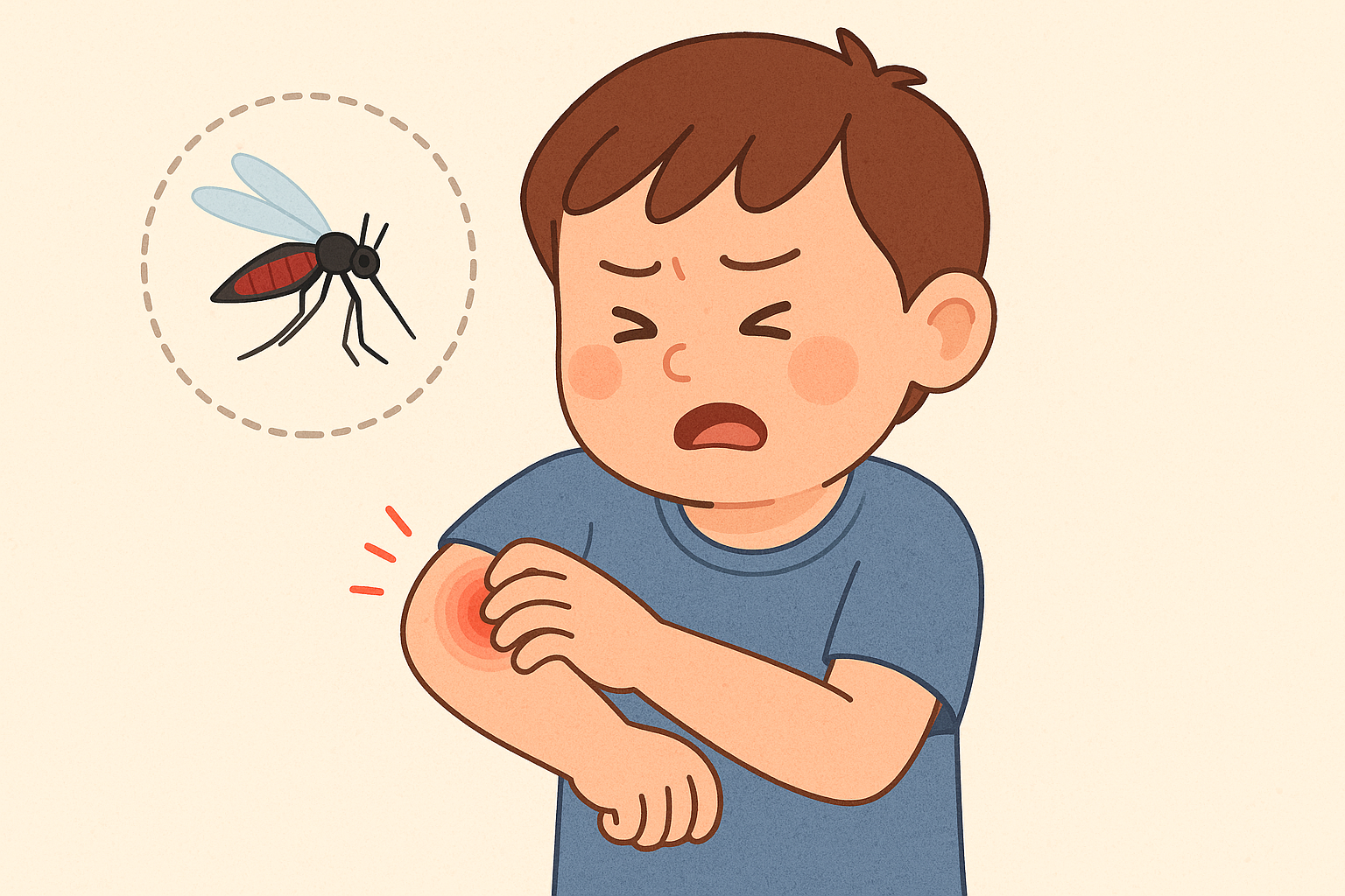 모기에게 물린 부위를 긁고 있는 어린아이의 일러스트 – 팔에 붉은 부종과 고통스러운 표정, 모기 이미지 포함