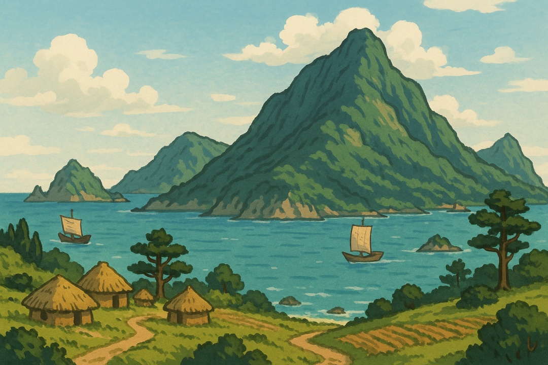 우산국 시대 울릉도의 풍경을 상상한 와이드 애니스타일 일러스트로, 전통 움집이 있는 해안 마을과 배가 떠 있는 푸른 바다, 산악 지형의 울릉도 전경이 묘사되어 있다.